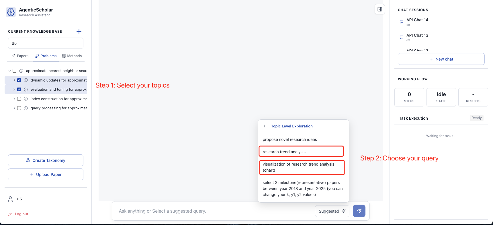 Topic-level exploration menu with research trend analysis option