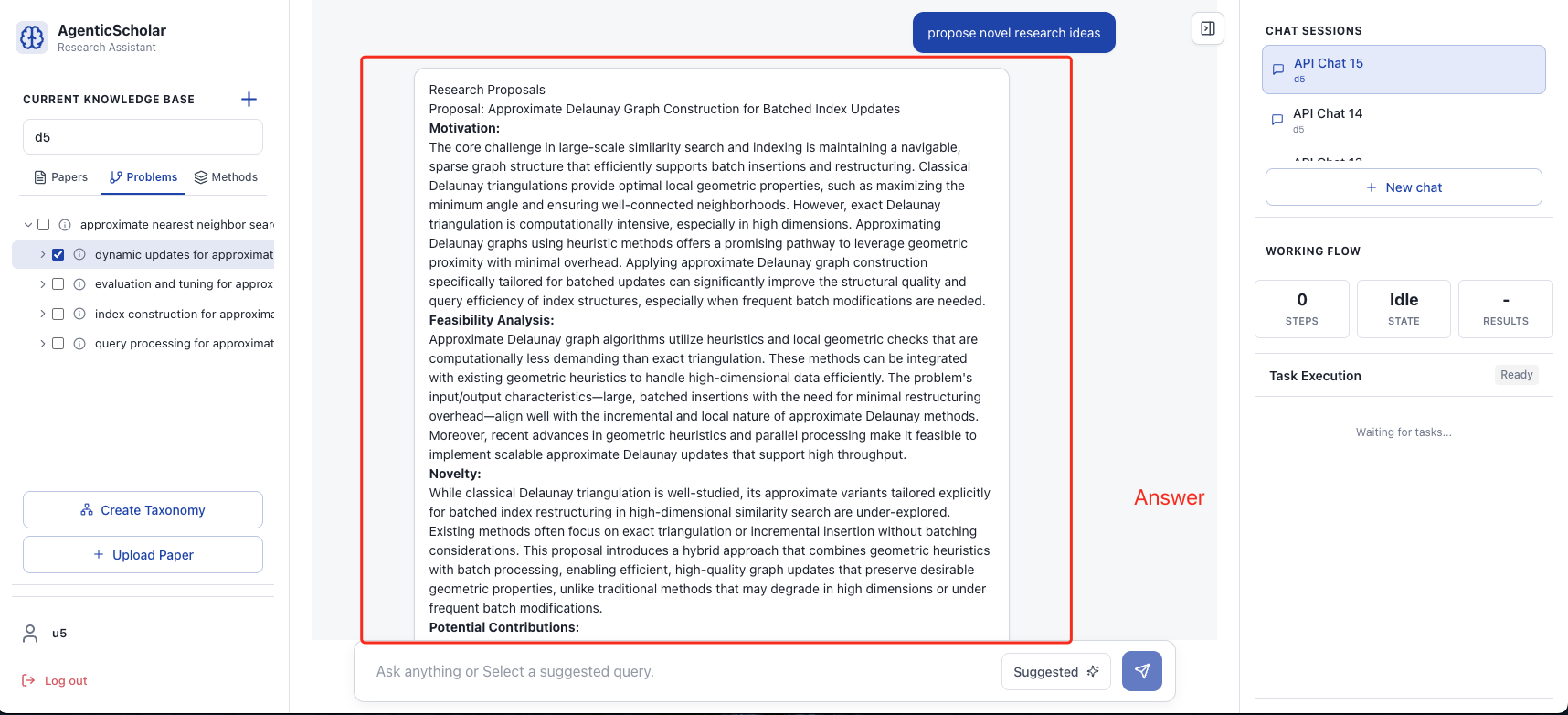 Generated research proposal text in the chat view