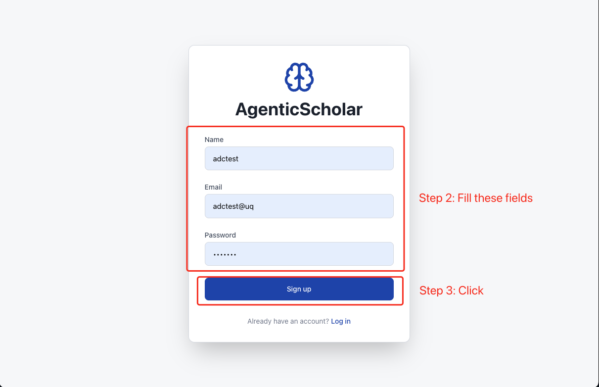 Registration form with name, email, and password fields